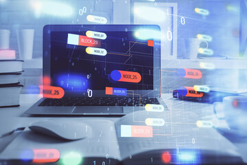 Fototapeta premium Technology theme drawing and work space with computer. Double exposure. Concept of innovation.