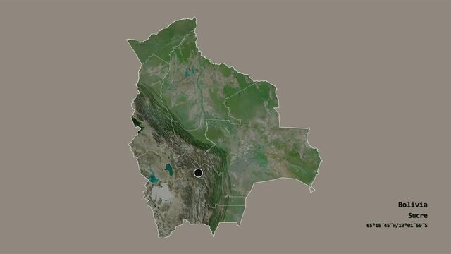 Pando, department of Bolivia, with its capital, localized, outlined and zoomed with informative overlays on a satellite map in the Stereographic projection. Animation 3D