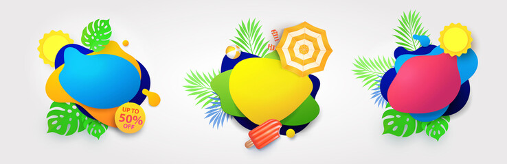 Summer banners set with liquid gradient shapes, tropical leaves, ice cream, umbrella, flip flops, ball.  modern design for advertisement, social media, web. Summer party, holiday, sale. Place for text
