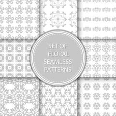 Compilation of floral patterns. Gray design with flowers on white background