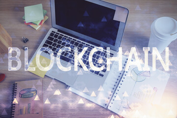 Man's hands working with notes background. Cryptocurrency and finance concept.