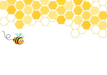 Abstract honeycomb with hexagon grid cells and cartoon bee on white background vector.