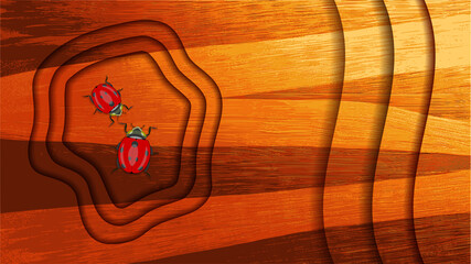 Stylized brown wooden background with shadows and wavy surfaces. Ladybugs EPS 10
