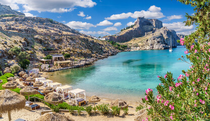 Landscape with Saint Paul's beach, Rhodes, Greece - obrazy, fototapety, plakaty