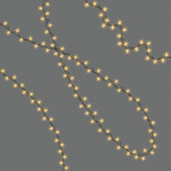 Christmas lights isolated on a transparent background. Christmas electric garland of yellow light bulbs. Glowing lights for Christmas greeting card design, holiday decorations. Vector illustration