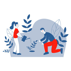 A man and a woman plant a tree. Concept of gardening, volunteering, ecology. Flat vector illustration in a trending style.