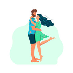 A couple in love hugs. Young man and woman in summer clothes. Flat cartoon vector illustratio
