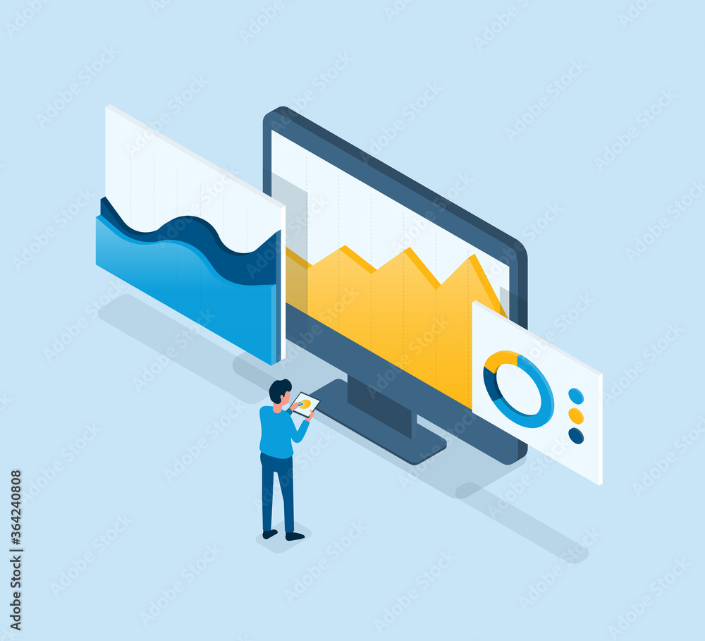 Poster flat illustration business man working on financial graph dashboard monitor and business analyze con