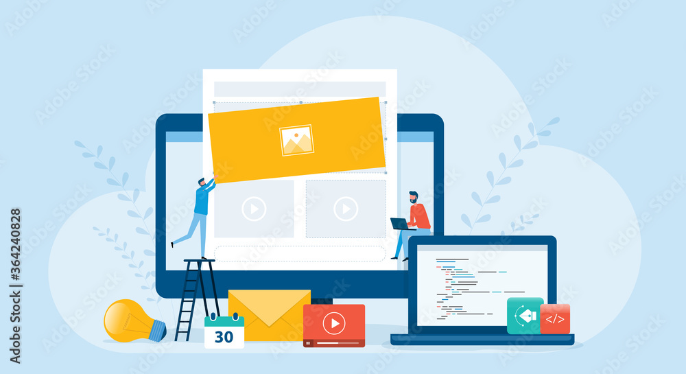 Poster Flat illustration business team working and web develop and web design build website homepage concept