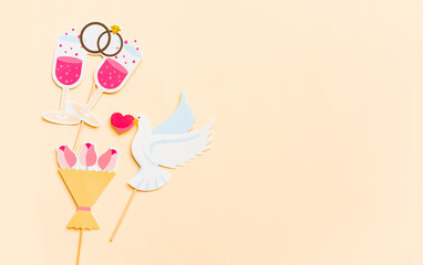 Photo booth props isolated on pink background. Top view. Funny invitation