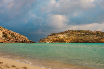 Fototapeta na wymiar Crystal clear water at the pristine Rabbit’s beach (spiaggia dei conigli) in Lampedusa, Pelagie islands, Sicily