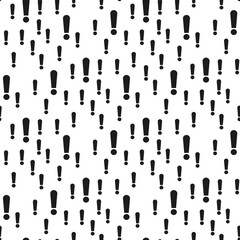 Vector seamless pattern with exclamation point. Black and white simple background design. Hazard warning hand draw symbol. Vector seamless pattern on white background.