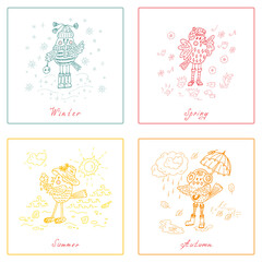 Birds set. Seasons set. Four seasons icons. Times of year. Weather. Cartoon birds at different times of year - Hand drawn doodles vector illustration
