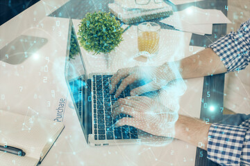 Man with computer background with brain theme hologram. Concept of brainstorm. Double exposure.