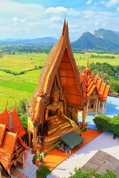 Large golden Buddha statue made of mosaic at wat tham suea or tiger cave temple in kanchanaburi province thailand, Behind the temple is a view of rice fields and beautiful sky.