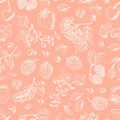 Foto op Aluminium Vector Berries Seamless pattern. Hand Drawn doodle berries: strawberry, blueberries, black currant, raspberries, blackberries, red currants, gooseberries, cherries, rowan, mulberry. Pink background.  © AllNikArt