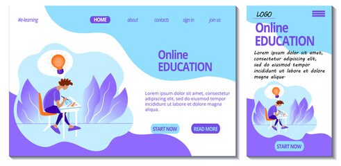 Web page and app mobile design template for e-learning site. Home online education. Student studying remotely. Light bulb symbol of idea and insight. Stock violet flat illustration  for landing page. 
