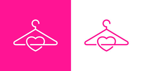 Concepto tienda de ropa. Logo lineal percha y corazón en fondo rosa y fondo blanco © teracreonte