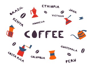 Collection of coffee tools and utensils for brewing and serving, isolated vector cliparts. Hand drawn doodle illustrations.