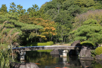 HIMEJI JAPAN OCTOBER 12 2019 toro Japanese stone lantern Kōko-en garden near Himeji Castle japan,