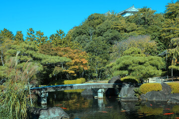 HIMEJI JAPAN OCTOBER 12 2019 toro japanese stone lantern Kōko-en garden near Himeji Castle japan,