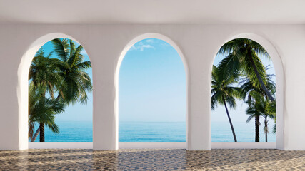palm trees and ocean view through the white arches with columns, surreal architecture concept, 3D Illustration