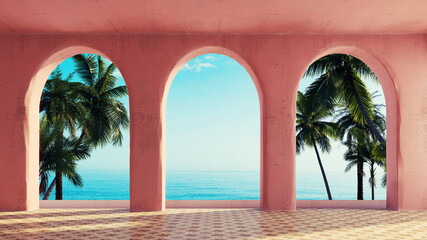 palm trees and ocean view through the pastel pink arches with columns, surreal architecture concept, 3D Illustration