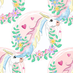seamless pattern with cute unicorns, clouds,rainbow and stars. Magic background with little unicorns.