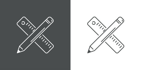 Concepto material de dibujo. Icono plano lineal regla y lapiz cruzados en fondo gris y fondo blanco © teracreonte