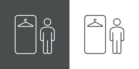 Concepto guardarropa. Icono plano lineal armario con percha y silueta de hombre en fondo gris y fondo blanco © teracreonte