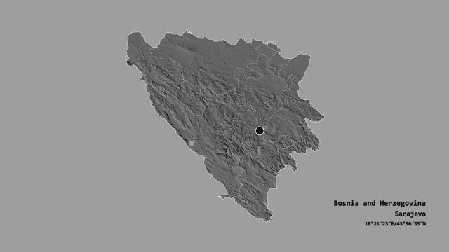 Brčko, district of Bosnia and Herzegovina, with its capital, localized, outlined and zoomed with informative overlays on a bilevel map in the Stereographic projection. Animation 3D