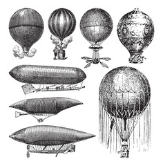 Old airship, air balloon and zeppelin collection - vintage vector illustration from Petit Larousse Illustré 1914	