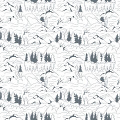 Mountain landscape seamless pattern with fir tree forest and river. Black and white. Colored page background. Linear illustration