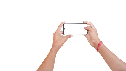 asian male taking photo in smart phone white screen mockup