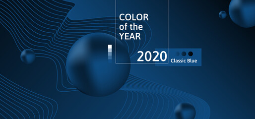 classic blue color of 2020 year abstract background  design with 3d spheres  dynamic waves  