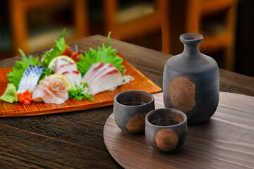 日本酒と美味しそうな刺身