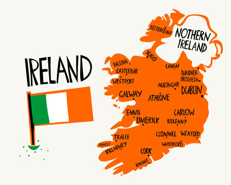 Vector hand drawn stylized map of Ireland. Travel illustration of Republic of Ireland cities. Hand drawn lettering illustration. Europe map element