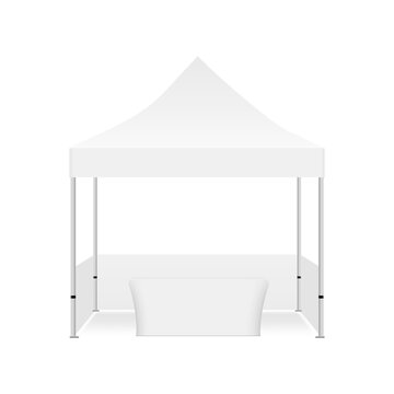 Outdoor Commercial Trade Show Canopy Tent With Demonstration Table, Isolated On White Background, Front View. Vector Illustration