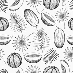 Watermelons, melons and tropical leaves design template. Hand drawn vector exotic fruit illustration. Engraved style fruit frame. Vintage botanical banner.