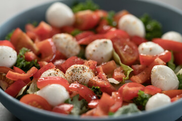 salad with mozzarella, tomatoes and bell pepper in blue bowl on kitchen countertop