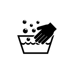 Hand Wash Laundering, Handwash in Basin. Flat Vector Icon illustration. Simple black symbol on white background. Hand Wash in Basin, Clean Handwash sign design template for web and mobile UI element.