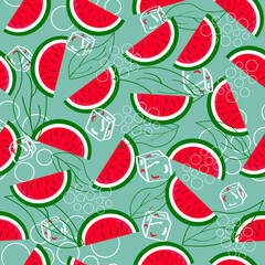 Watermelon, ice and leaves. Vector pattern on a blue background. Summer drawing.