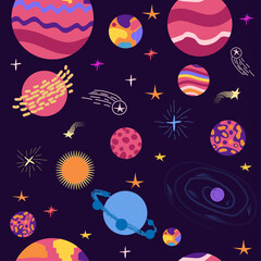 Seamless space pattern. Planets, rockets and stars. Cartoon spaceship
