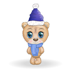 Cute cartoon bear with big eyes in a scarf and hat. Merry Christmas and Happy New Year