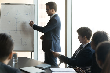 Focused young business trainer in formal suit explaining hand drawn charts on whiteboard,...
