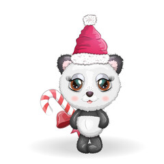 Cute cartoon panda bear with big eyes in a red Santa Claus hat with a caramel cane. Greeting card