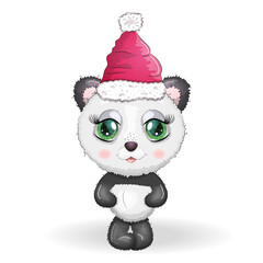 Cute cartoon panda bear with big eyes in a red Santa Claus hat. Greeting card, New Year and Christmas