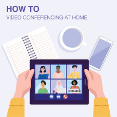 Top view of a man having video conference on tablet with his friends at home. Vector