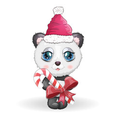 Cute cartoon panda bear with big eyes in a red Santa Claus hat with a caramel cane. Greeting card