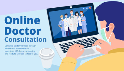 Online doctor consultant, Close-up man having video call meeting with doctors at home. Vector